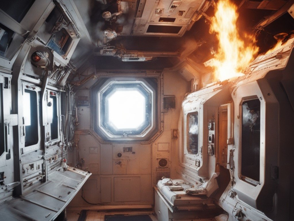 AI-generated picture shows a fire on a spacecraft.